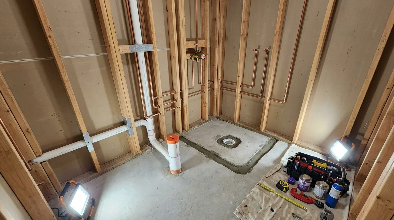Bathroom rough-in plumbing during remodel by Johns Plumbing LLC in Covington