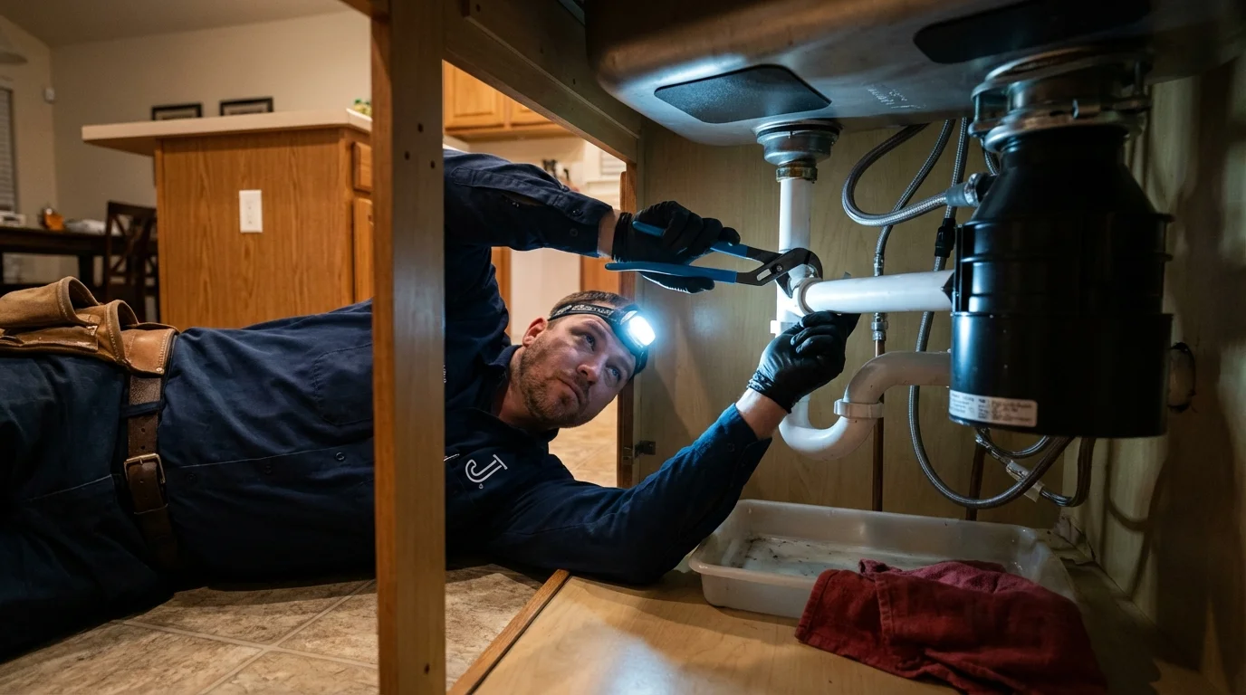P-trap and supply line connections under a kitchen sink showing a common leak point in Covington, TN